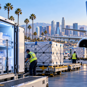 Pharmaceutical logistics in Los Angeles with temperature-controlled cargo handling and air freight operations near LAX.