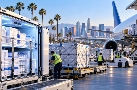 Pharmaceutical logistics in Los Angeles with temperature-controlled cargo handling and air freight operations near LAX.