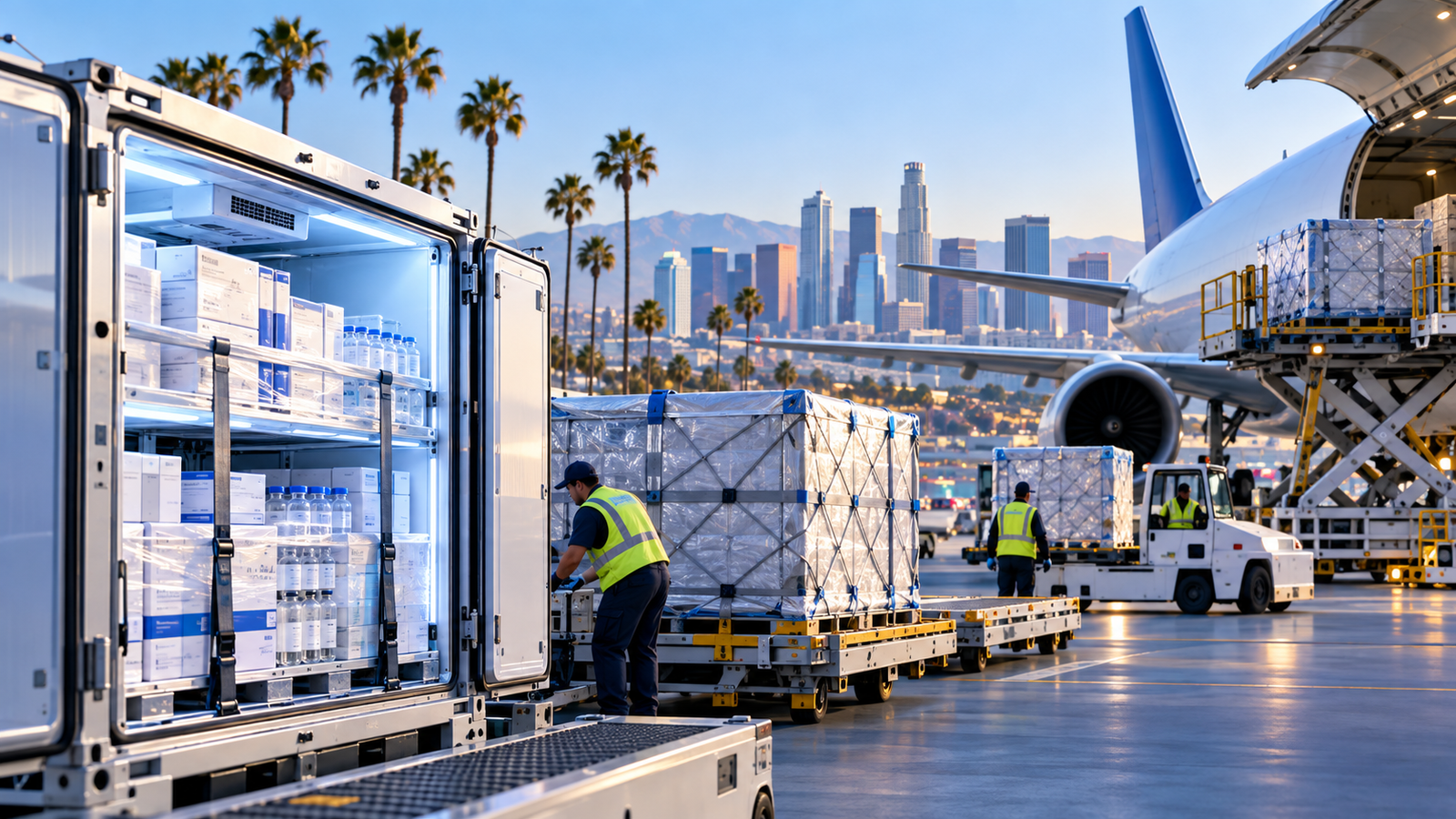 Pharmaceutical logistics in Los Angeles with temperature-controlled cargo handling and air freight operations near LAX.